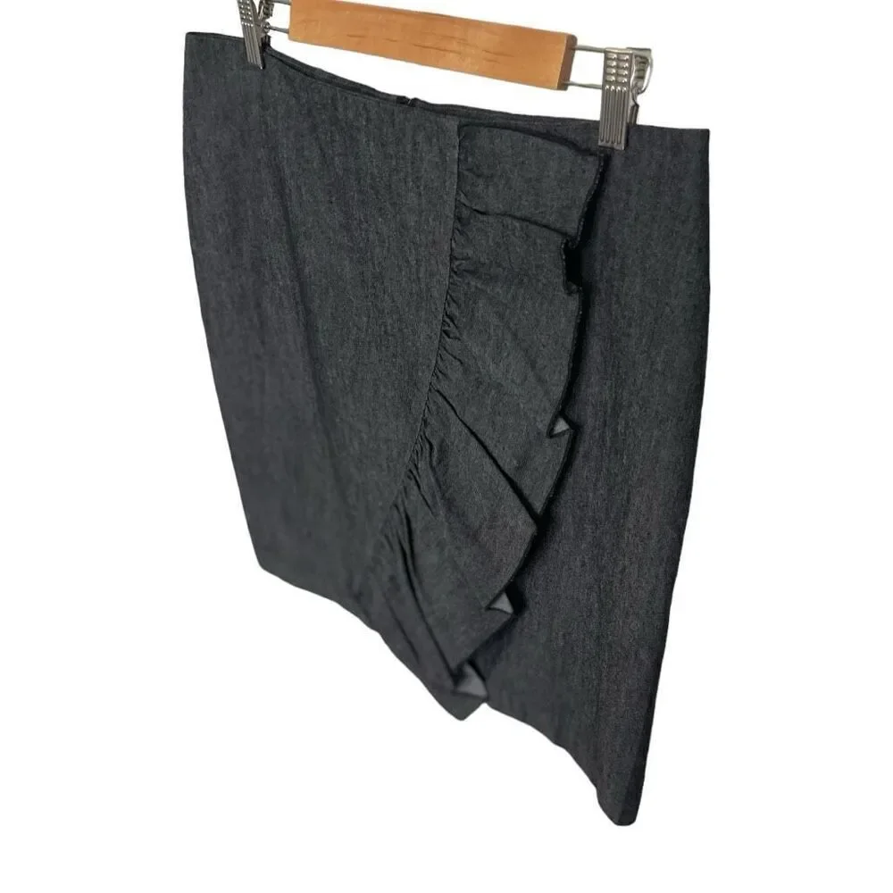 Sandro Sportswear Black Chambray Ruffle Straight Skirt Size 12 Zipper Back